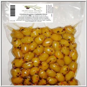 Chalkidiki Oliven 500g kernlos in Olivenoel und milden Chillies